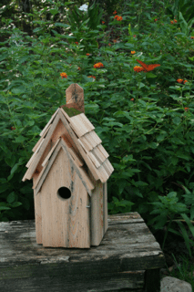 Bluebird Manor birdhouse with blue roof and white walls