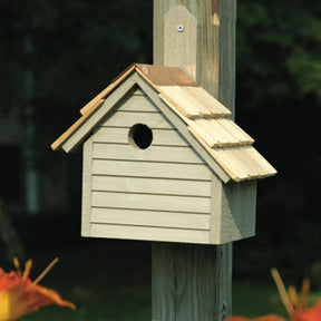 Cape Cod Wren birdhouse with wood slat roof and entrance hole