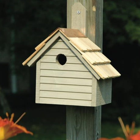 Cape Cod Wren birdhouse with wood slat roof and entrance hole