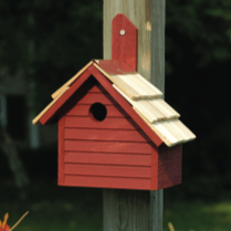 Cape Cod wren birdhouse with a blue roof and white body