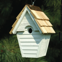 Wren-in-the-Wind birdhouse with rustic wood finish