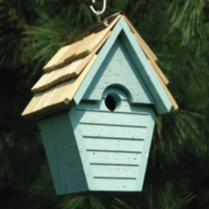 Wren-in-the-Wind birdhouse with rustic wooden finish