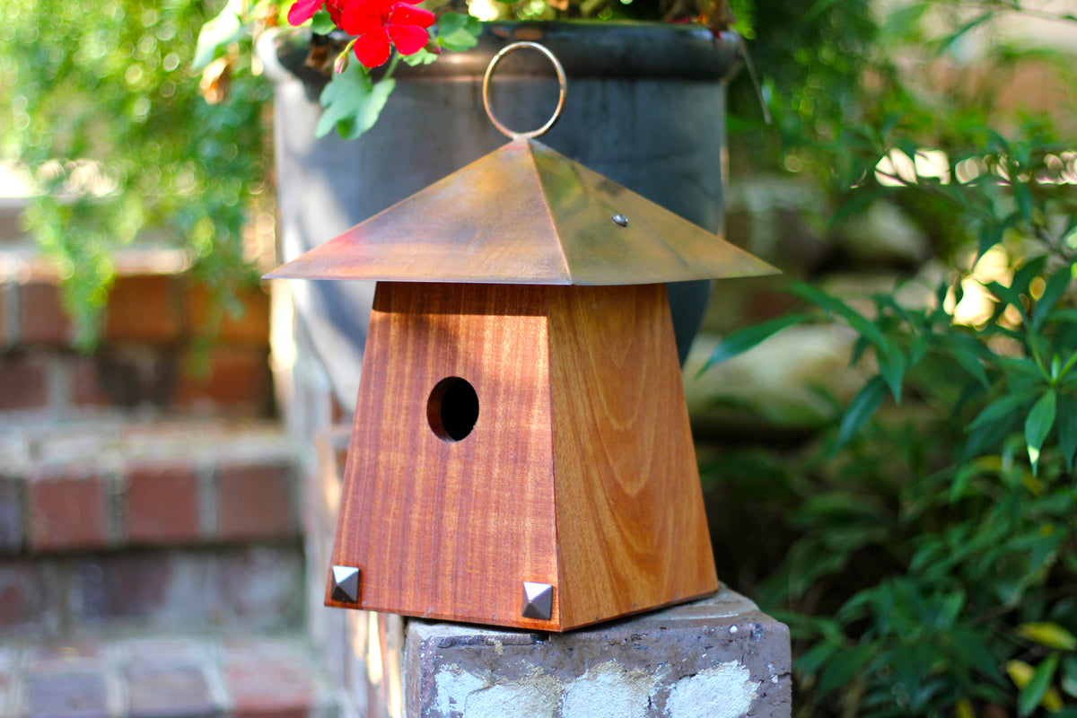 Avian Bungalow birdhouse with rustic wood finish