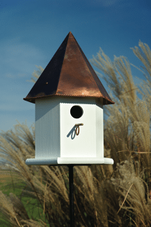 Copper Songbird Deluxe Birdhouse with copper roof and perch
