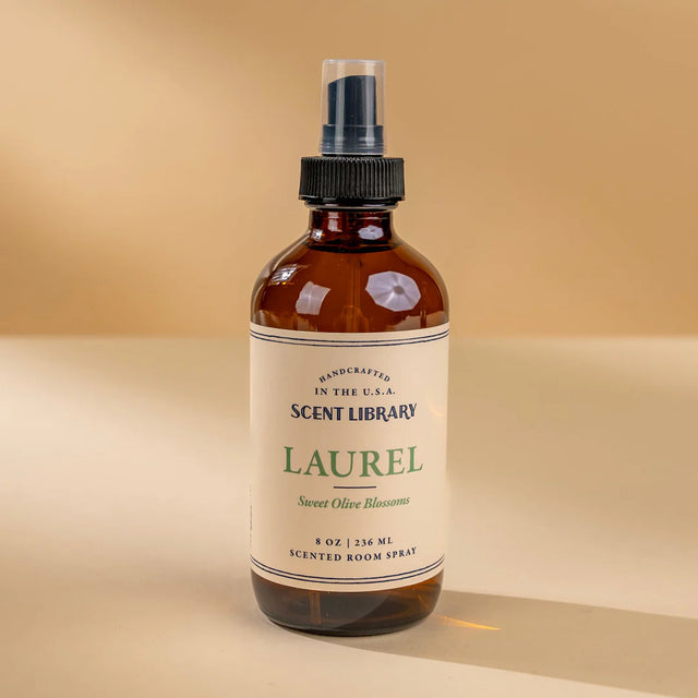 Laurel room spray bottle with label on a plain background