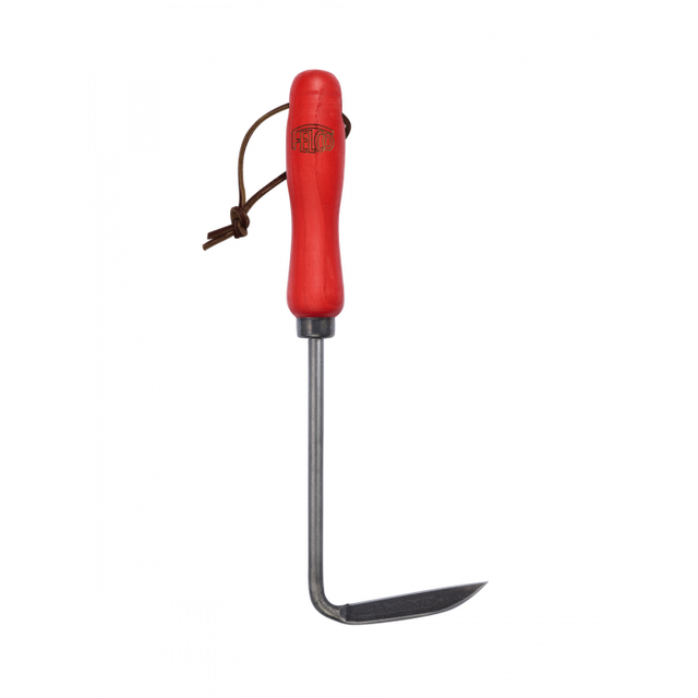 Hand weeder with wooden handle and red metal head