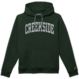 Creekside hoodie laid flat with hood and front pocket