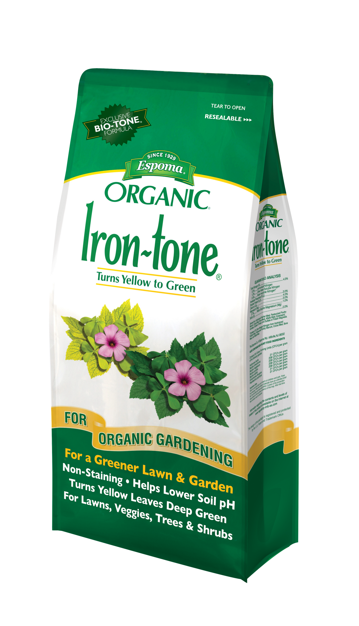 Espoma Iron-tone fertilizer bag on a white background