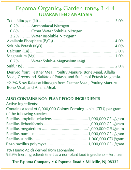 Espoma Garden-tone fertilizer in a product bag