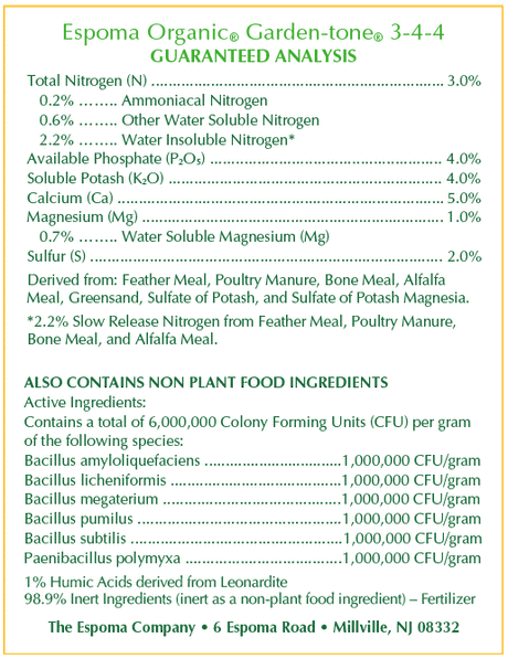 Espoma Garden-tone fertilizer in a product bag