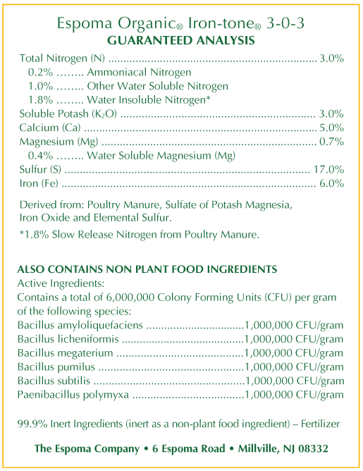 Espoma Iron-tone fertilizer package in printed bag