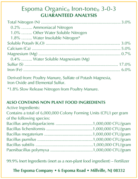 Espoma Iron-tone fertilizer package in printed bag